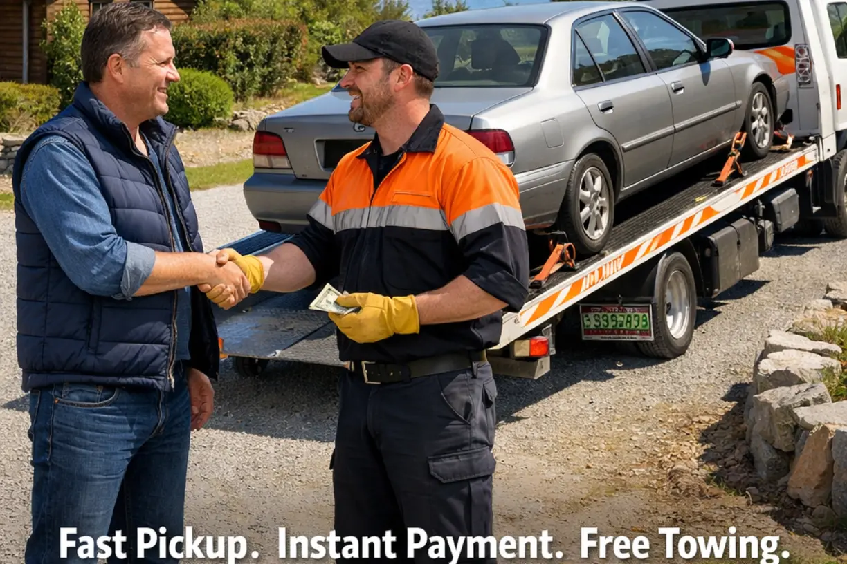 Car wreckers Wanaka driver paying cash for an old car loaded on a tow truck at a rural property