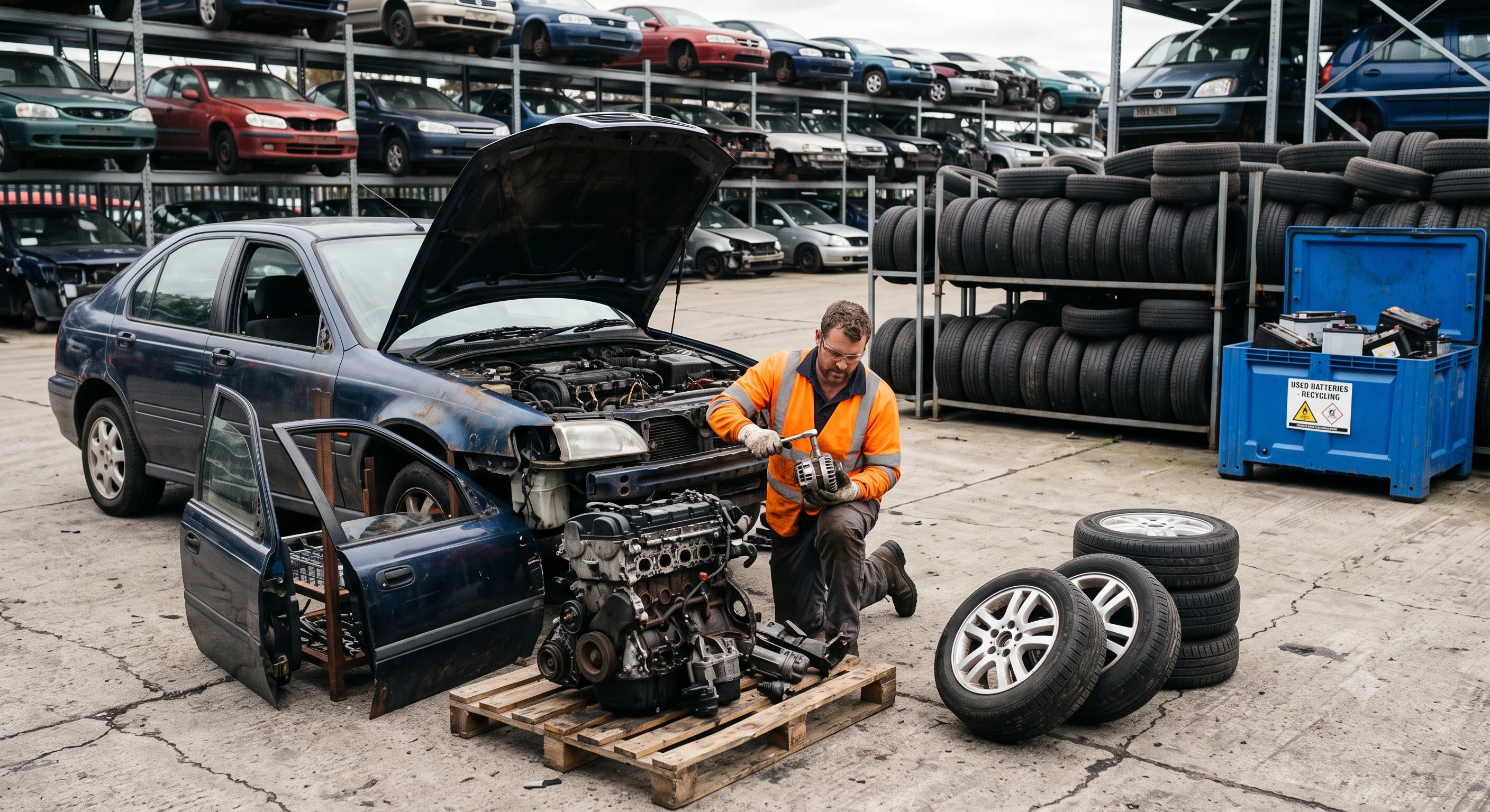Car Wreckers Wanaka technician dismantling a scrap car and recycling reusable auto parts responsibly