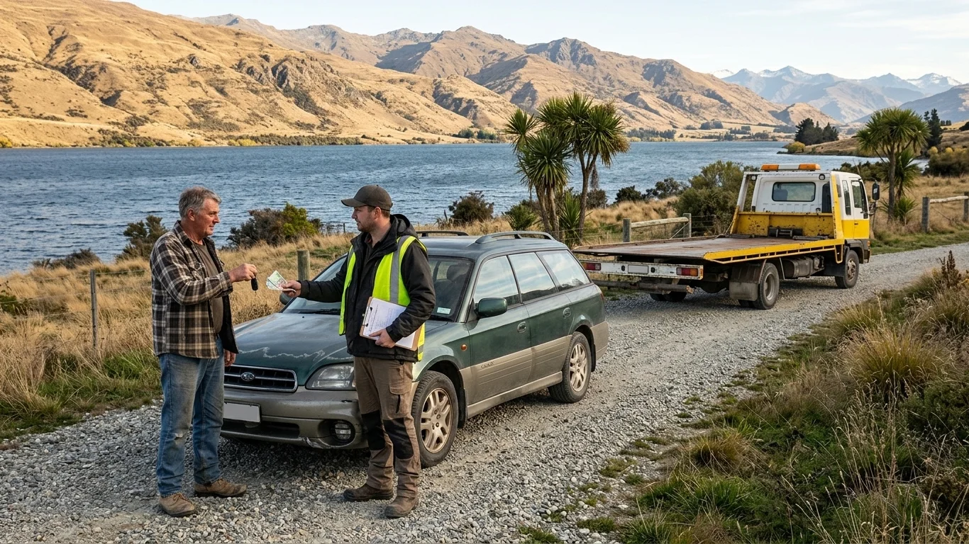 Cash for Cars Cromwell: A man selling an old Subaru to a car removal worker beside Lake Dunstan, Cromwell.