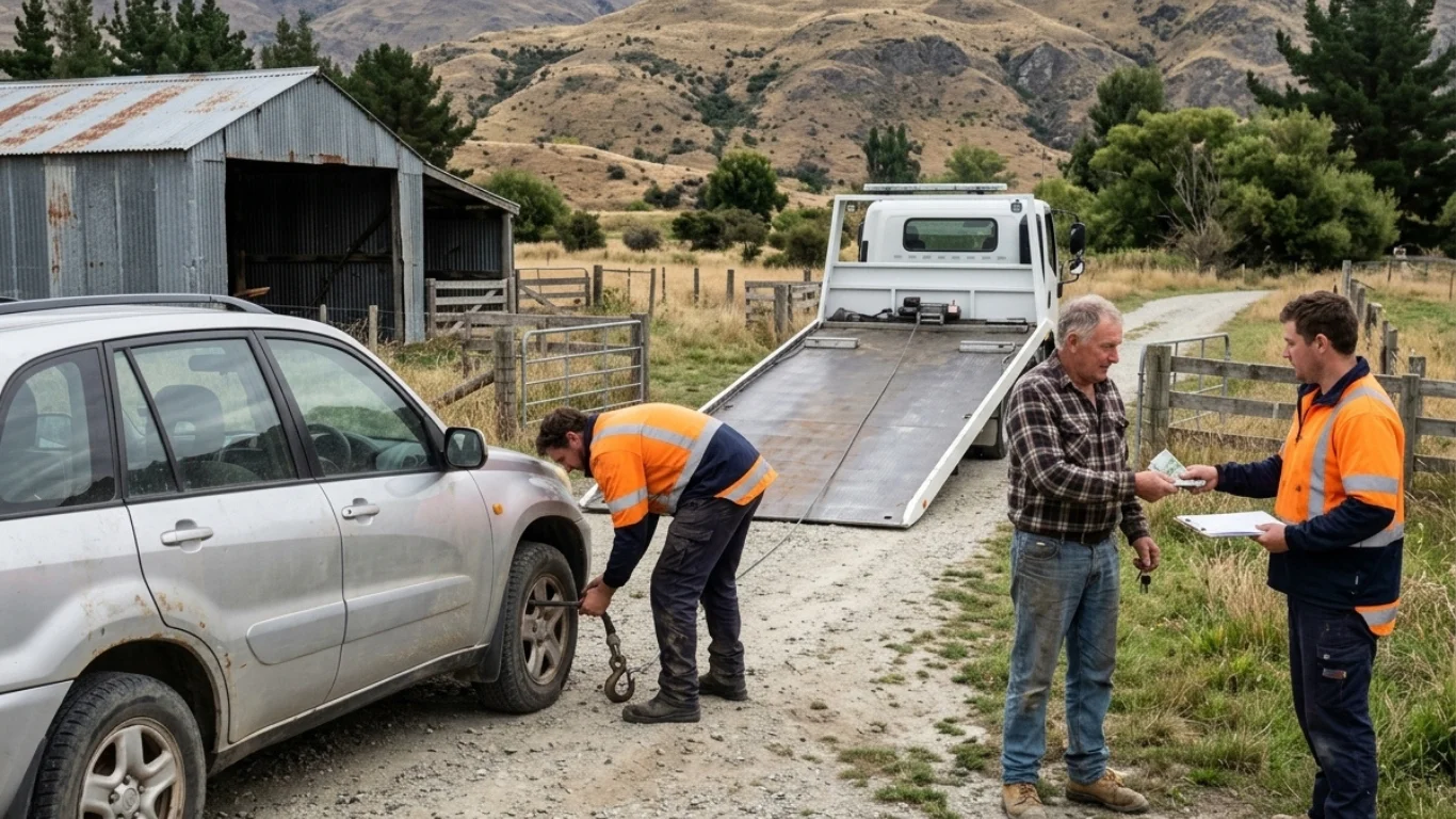 On a rural Cromwell property, a worker prepares an old silver SUV for towing onto a flatbed while another hands cash to the Kiwi owner.
