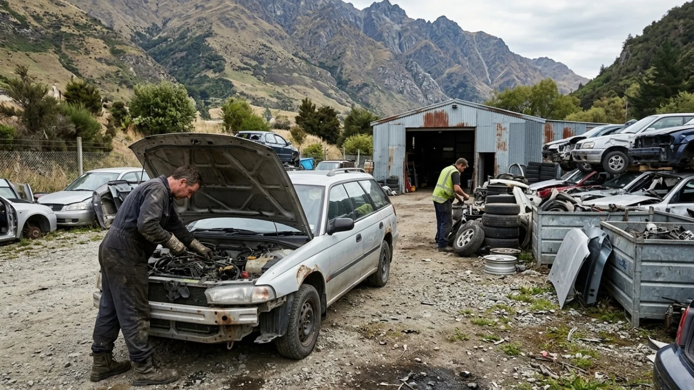 A mechanic strips parts from an older, worn-down car in a bustling, cluttered Queenstown auto salvage yard, with mountain ranges rising directly behind the site.