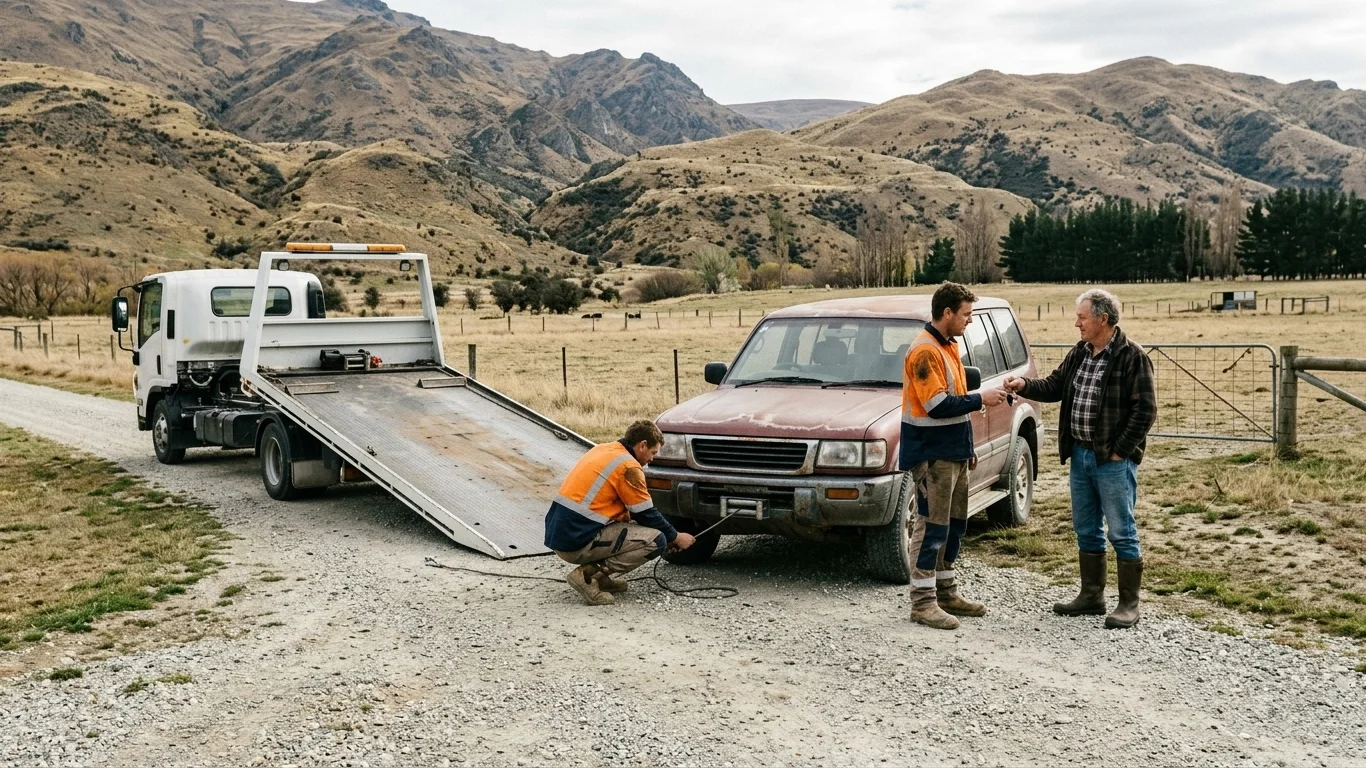 Workers prepare an old SUV for towing on a rural Cromwell property as the owner hands over the keys.