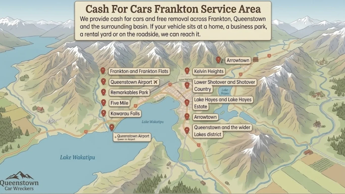 Illustrated map showing the Cash for Cars Frankton service area in Queenstown.
