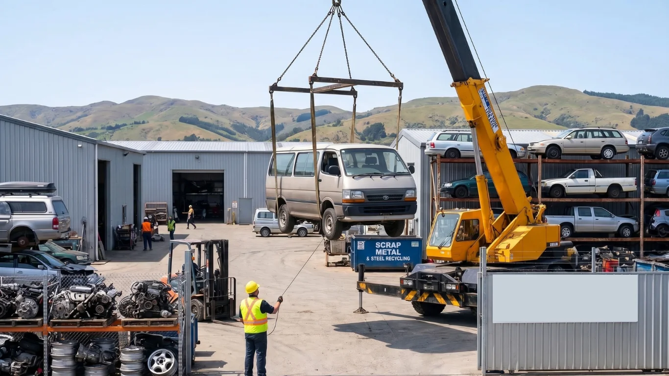 Worker guides a van being lifted by a yellow crane for Car Remov Dunedin.