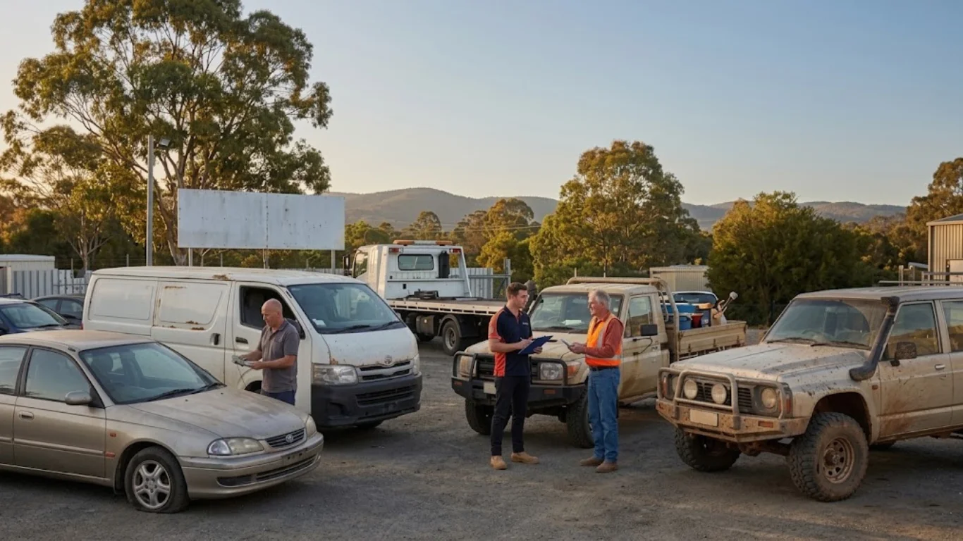 Cash for Cars Alexandra – Three men discuss vehicle inspections among used cars and 4x4 SUVs