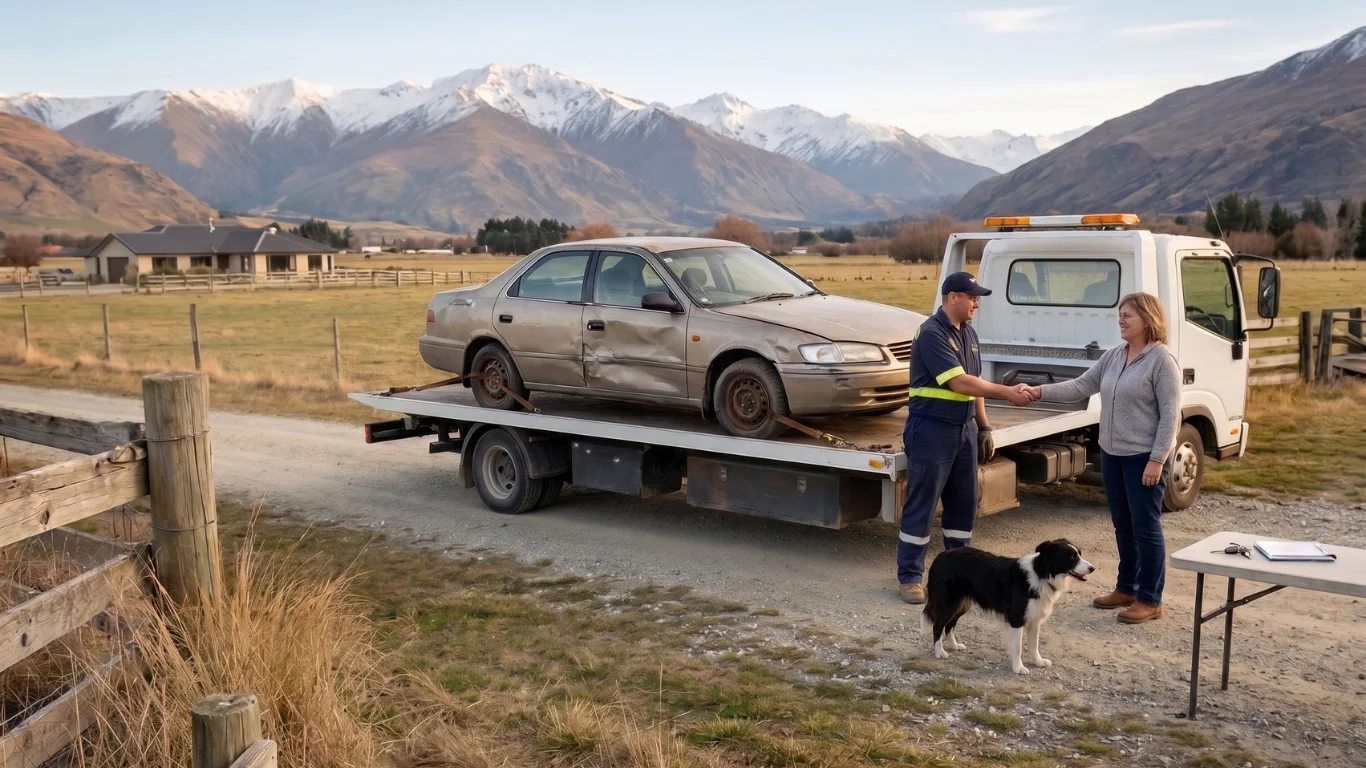 A tow truck operator shakes hands with a woman next to a damaged car loaded on a flatbed in a rural mountain setting.