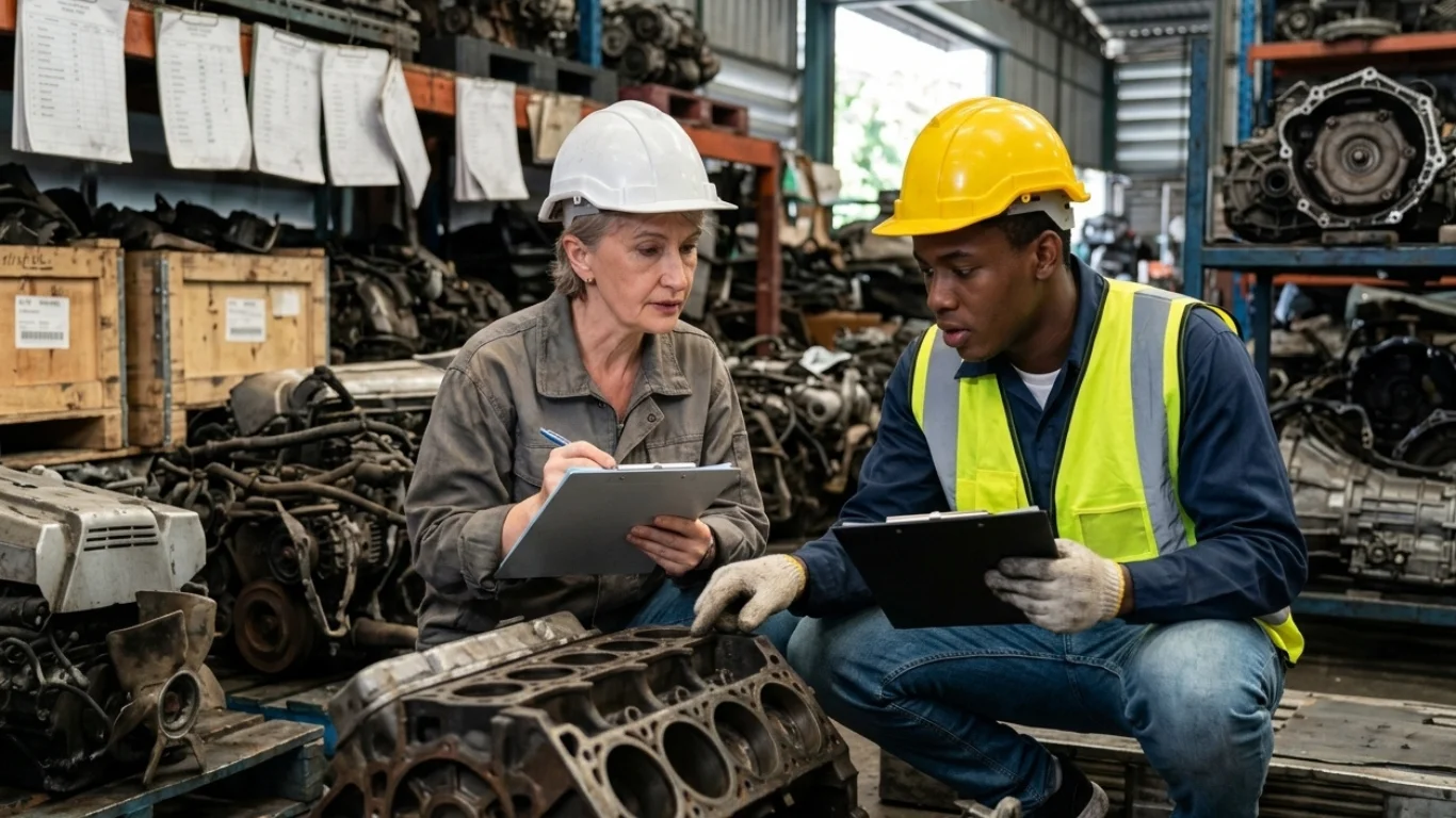 Two auto workers in hard hats reviewing a clipboard next to an engine block in a parts warehouse.