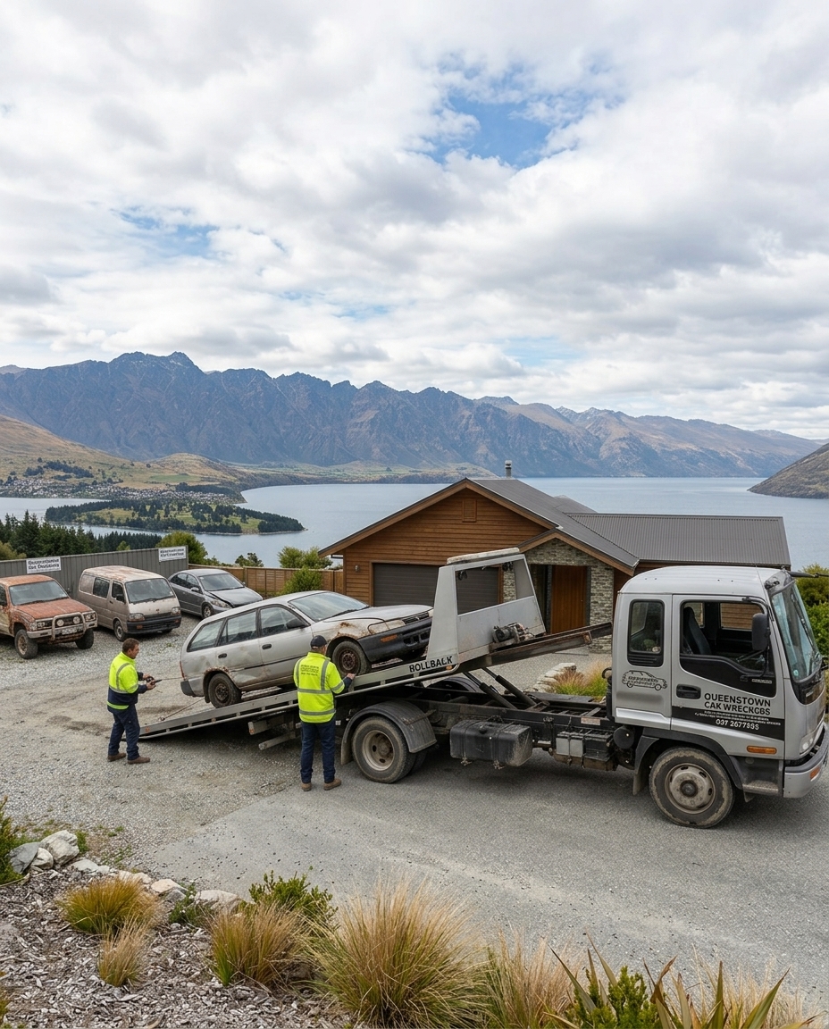 Cash for Cars Wanaka service loading a damaged car onto a truck with lake views.