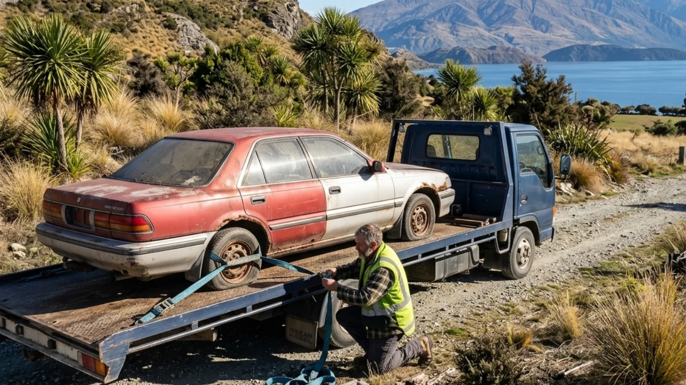 Cash for Cars Wanaka loading a damaged grey 4x4 at a Cromwell packing shed.