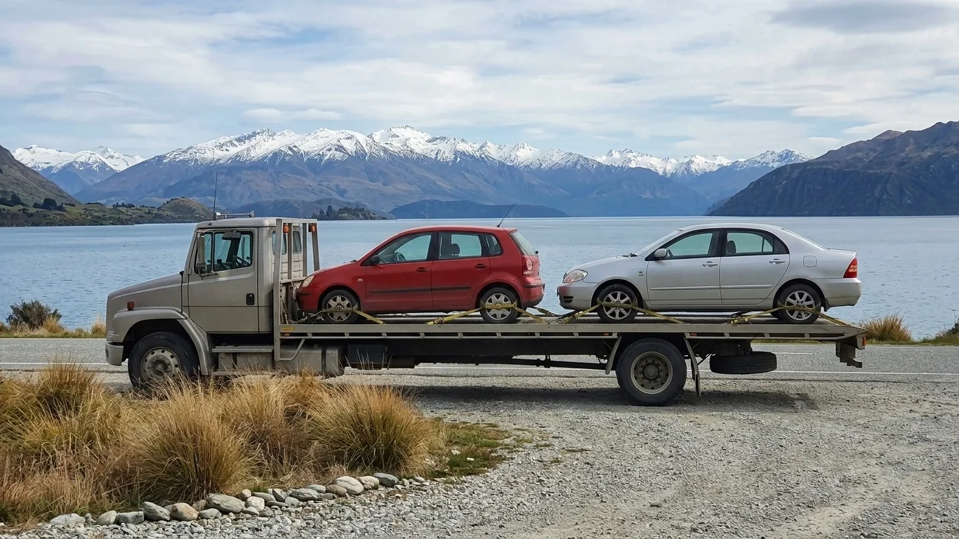 Car transporter carrying vehicles for Cash for Cars Wanaka near the lake.