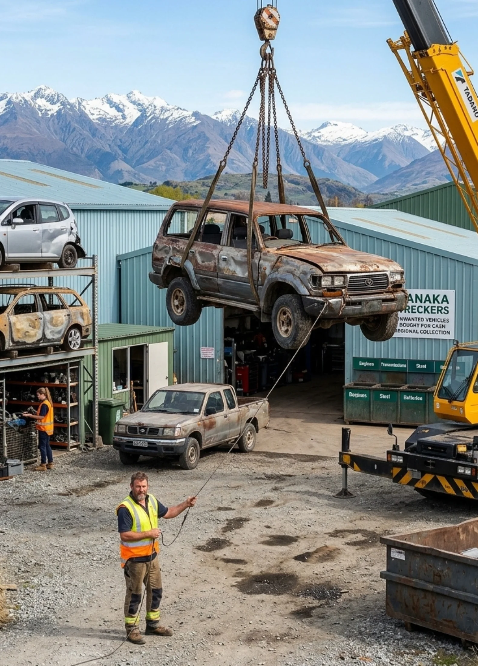 A crane lifts a wrecked car for the Cash for Cars Wanaka service with mountains.