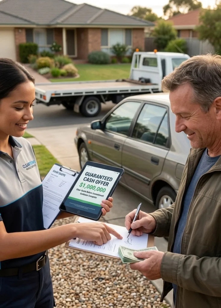 A woman presents a tablet with a Cash for Cars offer to a man in a driveway.